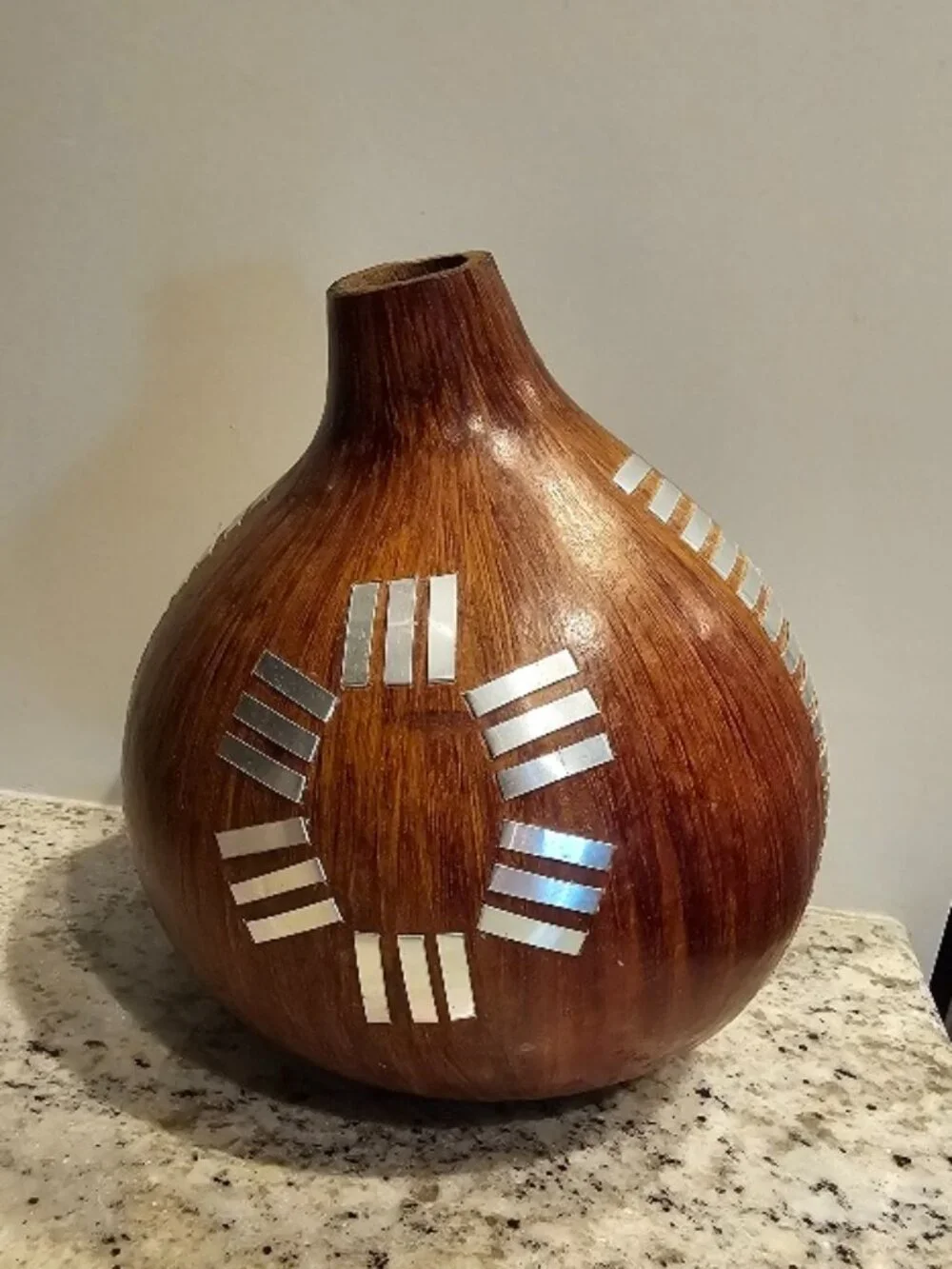 Hand Crafted Wood Gourd Vase with Silver Metal Accents